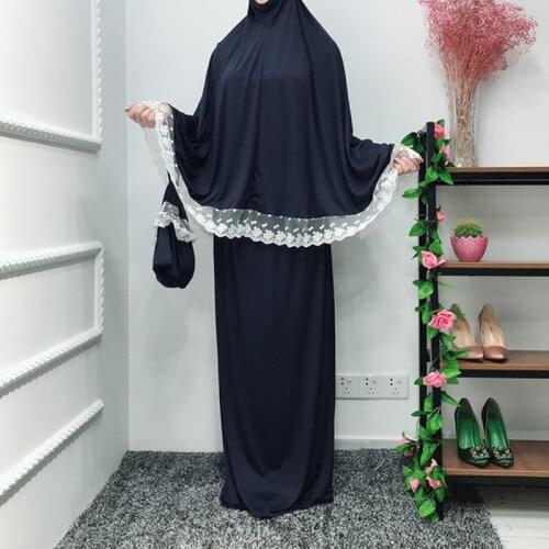 Muslim Two-Piece Set Women Prayer Garment Top and Skirt Ramadan Worship Robe Lace Big Swing Maxi Skirts Kaftan Islamic Clothing