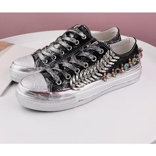 Low-cut thick-soled rhinestone ladies canvas shoes spring and autumn trend retro vintage casual shoes comfortable and exquisite