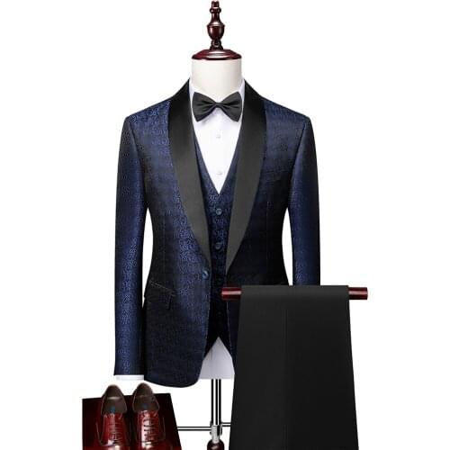 New luxury mens wedding suit 3 piece set custom groom suit dress tuxedo slim jacquard suit jacket vest pants suit/suit for men