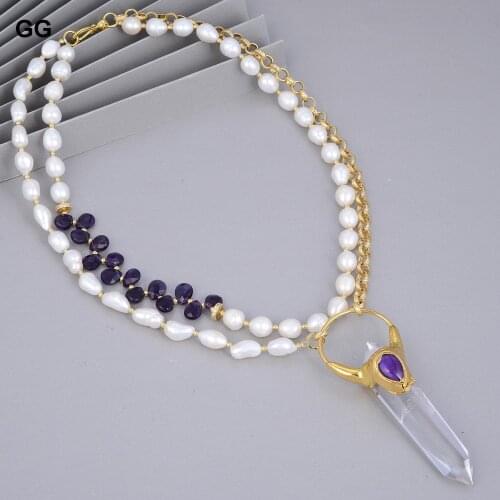 GG Jewelry Natural Cultured White Pearl Purple Faceted Amethysts Chain Necklace Amethysts Clear Quartzs Pendant For Women
