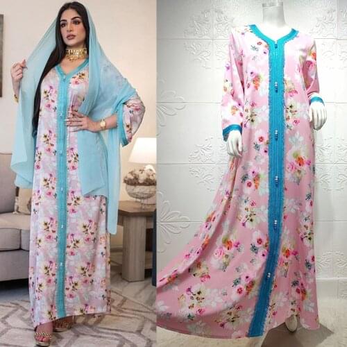 Eid Ramadan Abaya Moroccan Kaftan Abayas Turkey Dubai Caftan Women Muslim Maxi Dress Floral Print Party Gown Islamic Clothing