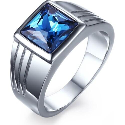 Romantic Stainless Steel Silver Color Biker Finger Rings Blue Rhinestone Mens Womens Unisexs Jewelry Christmas Gift US Size 7-11