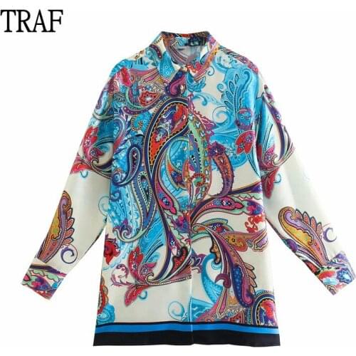 TRAF Za Top Woman Blouses 2021 Summer Silk Satin Print Long Sleeve Oversized Shirt Women Clothing Loose Button Blusas Chic Tops
