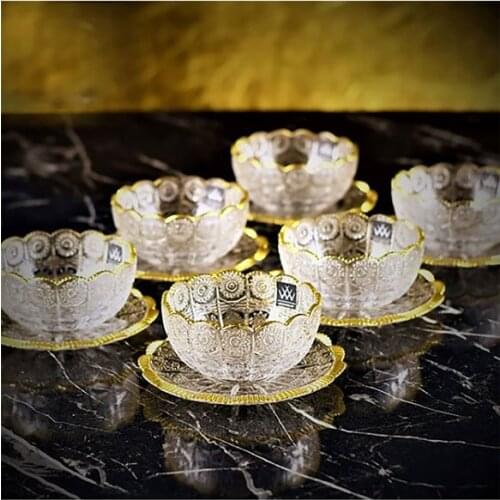 Hand Decorated Gold Gilded 6 Person 12 Piece Crystal Snack Bowl, Sugar Bowl, Jam Bowl, Glass Bowl