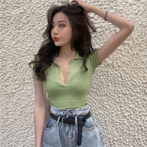 Woman TShirts Summer V-neck Short-Sleeved Sweater Summer Top For Women Crop Top Mujer Camisetas