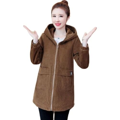 Spring Fall New Mujer Feminina Mid-Length Corduroy Plus velveThicken Zipper Hooded Womens Coat Loose Corduroy LadiesJacket