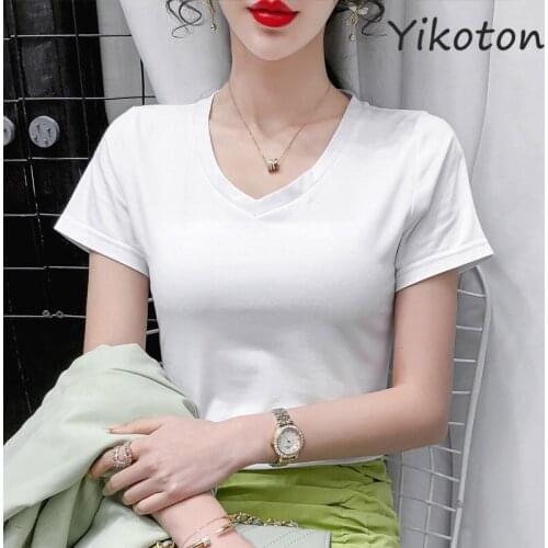 2021 Summer Women Tshirt Cotton Solid White Short Sleeve Tee Shirt Casual Tops Basic V-neck For Female clothing Plus Size shirt