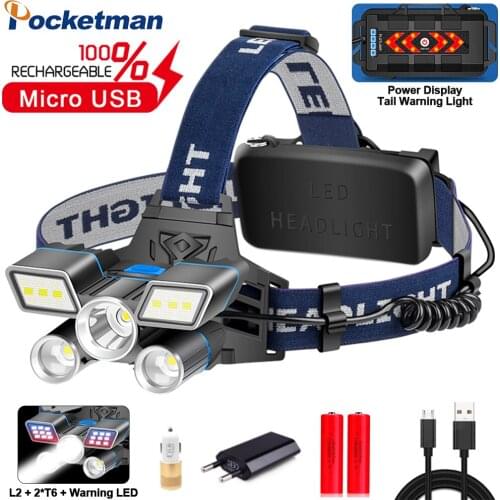 Brightes Red/Blue/White Light LED Headlamp L2+ 2*T6 Headlight USB Rechargeable Head Light with Tail Warning Light Waterproof