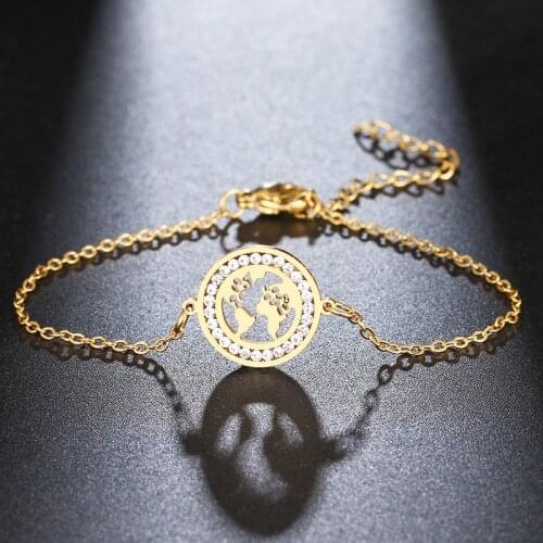 CACANA 316L Stainless Steel For Women Crystal Bracelet Travel World Map Round Bracelets Gold Color Engagement Gifts Jewelry New