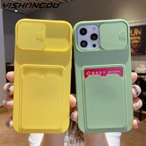 Card Slots Pocket Back Cover Case For iPhone 12 11 Pro Max XS XR 7 8 Plus SE 2020 Slide Camera Lens Protection