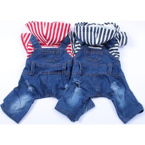 Dog Cat Denim Striped Jumpsuit Hoodie Jean Pet Puppy Coat Jacket Spring/Summer Clothes Apparel 3 Colours
