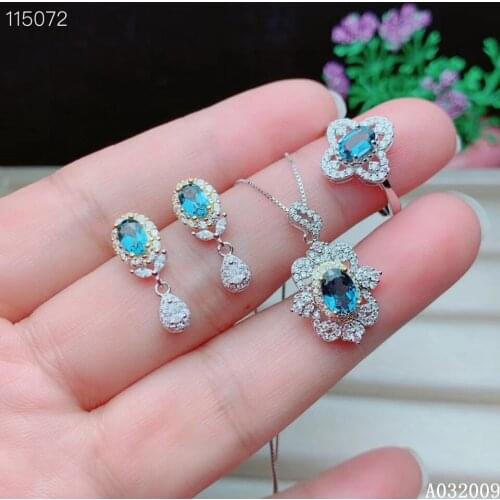 KJJEAXCMY fine jewelry 925 sterling silver inlaid natural blue topaz earrings ring pendant luxury girl suit support test