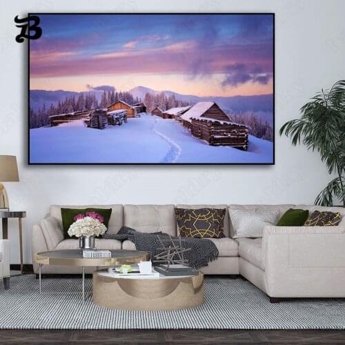 Canvas Painting Nordic Modern Landscape Art Stunning Winter Snow Scene and Wooden House In Winter for Living Room Home Decor