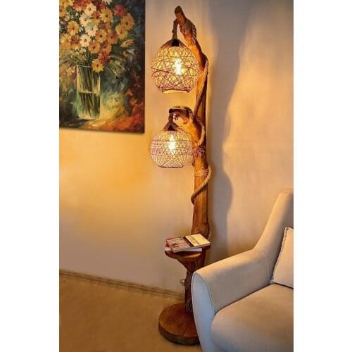 Brown Natural Wood Double Sphere Lighting Floor Lamp 140cm Floor Standing Chandelier