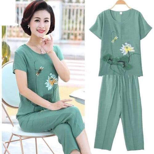 2 Pcs Sets Middle-aged and Elderly Womens Suits Vintage Fashion Print T-shirt Tops & Casual Pants Mother Summer Clothing 4XL