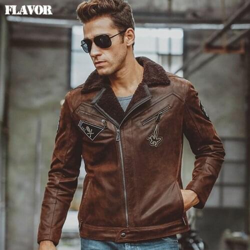 Mens Genuine Leather jacket pigskin real leather jackets with faux fur shearling motorcycle bomber jackets aviator coat men
