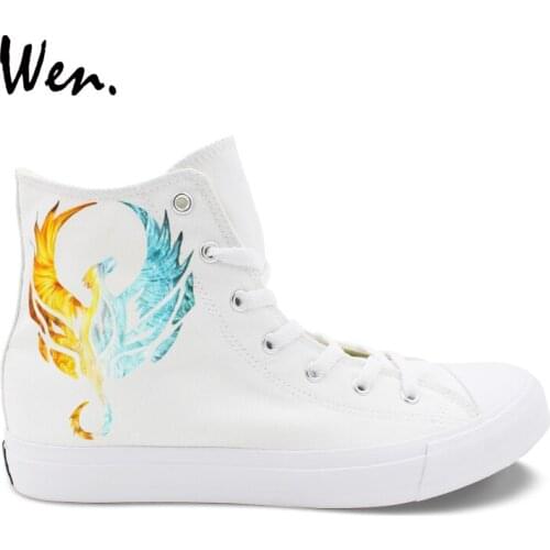 Wen White Shoes Canvas Design Fire and Iced Phoenix Hand Painted Shoes Men Women High Top Strappy Skateboard Sneakers