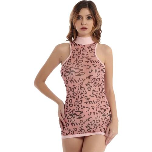 Fashion Dress Sexy Women Zebra Stripes Printed Mesh See-Through Boydcon Dress High Neck Sleeveless Clubwear Party Mini Dresses