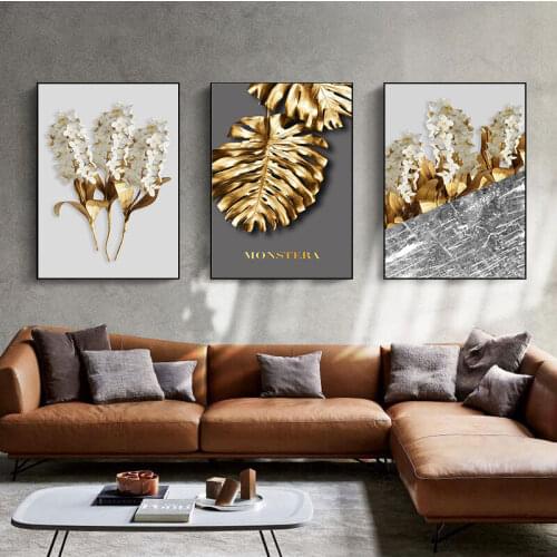 Print Wall Picture for Living Room Decor Nordic Golden abstract leaf flower Wall Art Canvas Painting Black white feathers