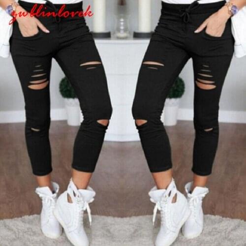 Skinny Pants Women Sexy Hole Knee Pencil Pant Lady High Waist Legging Slim Trousers Stretch Ripped Jeans Plus Size 4X 2C0121