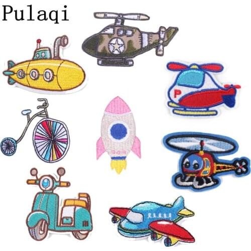 Pulaqi Cartoon UFO Rocket Planes Patch Embroidered Patches For Clothing Iron On Patches Stripes On Clothes DIY Embroidery Patch