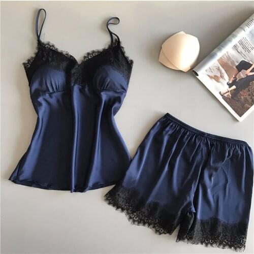Pijama Set Womens Solid Lace Sexy 2 Pcs with Shorts Summer Satin Ladies Homewear Pajamas V Neck Ice Silk Sleepwear for Female