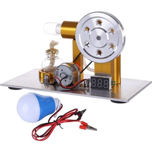 Custom L-Shaped Stirling Engine Model Science Experiment Educational Toy with Voltage Digital Display Meter and Bulb - Silver