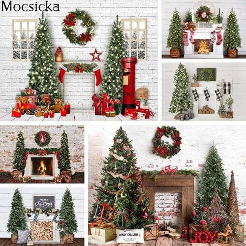 Christmas Fireplace Photography Backdrop Christmas Tree Vintage Rustic White Wall Xmas Photo Background Windows Winter Photocall