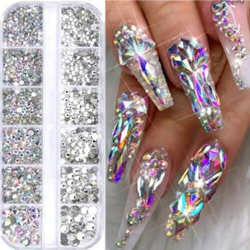 12 Grids Rhinestones Nail Art Decorations Flat-back AB Colors Crystals 3D DIY Tips Shiny Nail Gems Mixed Size Acrylic Stone