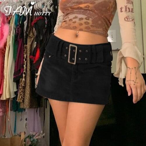 Vintage Sexy Y2K Corduroy Skirts Women Black Goth Belt Elegant Fashion Streetwear Korean Style Aesthetic Mini Skort 90s Iamhotty