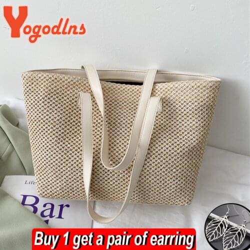 Yogodlns Summer Straw Bag Women Large Capacity Weave Totes Bag Handmade Rattan Beach Bag Vacation Lady Straw Shoulder Bag Pouch