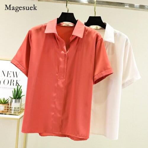 Summer 2021 Women Solid Chiffon Shirt Korea Stand Collar Button Plus Size Tops for Women Office Lady Loose Red Shirt Blusa 15465