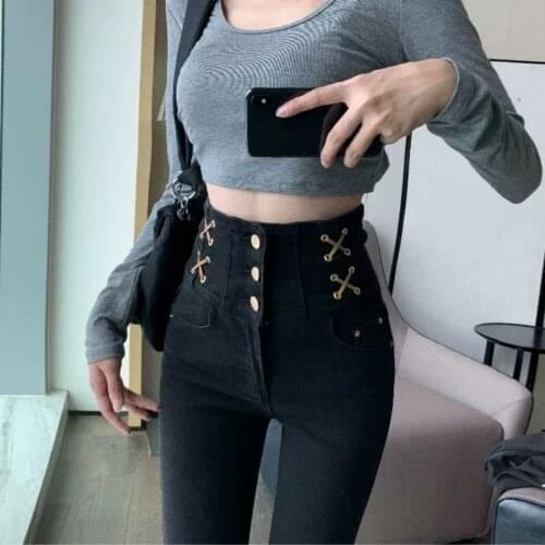 Spring Autumn Womens Black Single-breasted High Waist Slim Denim Ankle Length Pants Female 2021 Streetwear Fashion New D289
