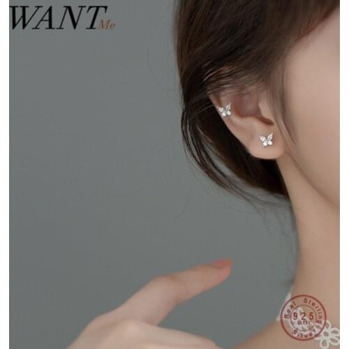 WANTME 925 Sterling Silver Body Piercing Shiny Crystal Zircon Butterfly Small Stud Earrings for Women Cute Teen Party Jewelry