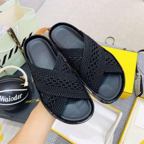 2021 Summer Women Slippers Flats Solid Casual Weave Cane Slides Outside High Qaulity Luxury Designer Zapatillas Mujer