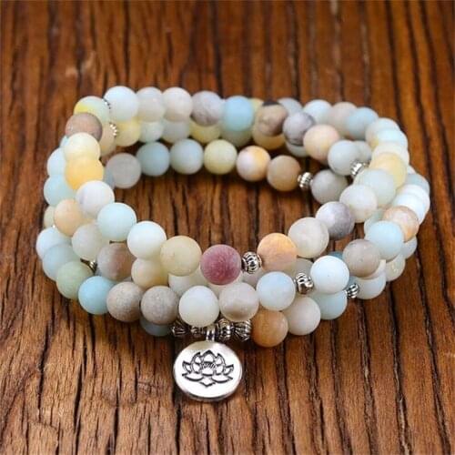 Womens Bracelet 108Mala Amazonite Wrap Bracelet 8MM Matte Frosted beads Lotus OM Buddha Charm Bracelet & Necklace Dropshipping