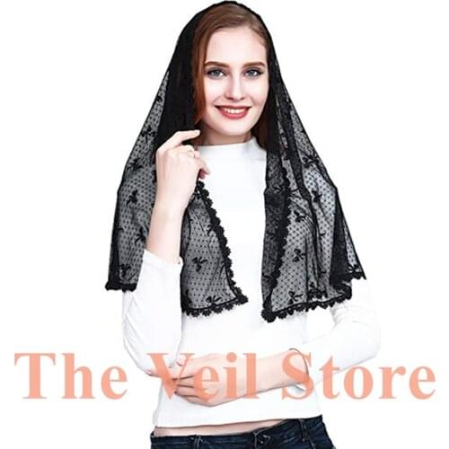 Women Black Sofr Lace Catholic Mantilla Veil for Church Dots Bows Head Scarves Cover Latin Mass Mantilla de Novia Negra Mantille