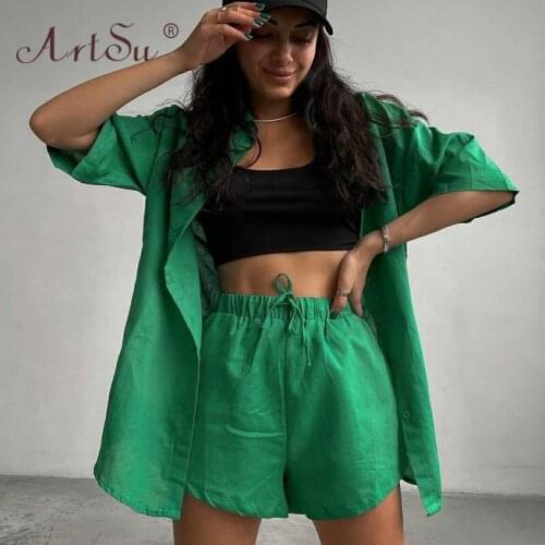 ArtSu Women Casual Turn-Down Collar Shirts And Shorts 2 Piece Set Fashion Outfits Matching Sets Loose Loung Wear Tracksuit