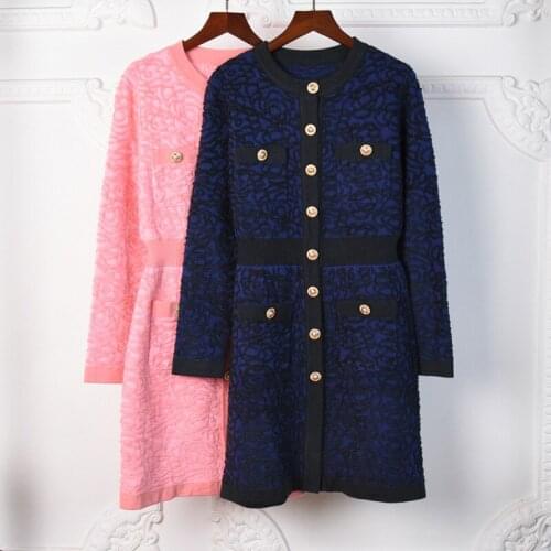 2021 Spring Womens High Quality Wool Knitted dress New designer buttons long sleeves sweet dress C827