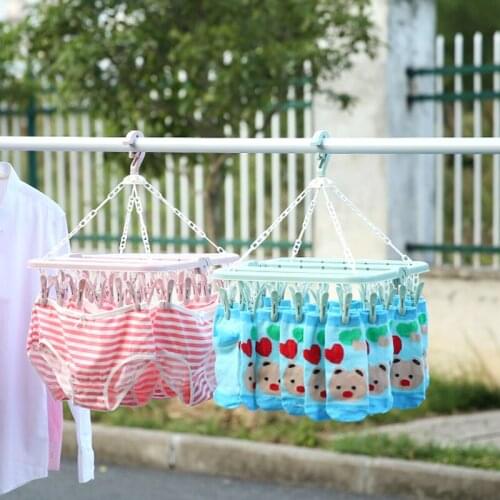 050 Multifunctional 32clips folding hangers Cloth Socks Hanger Drying Rack Foldable Bathroom Clothespin Clip 32*32.5*34cm
