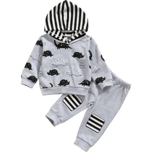 2021 0-18M Newborn Baby Boy Clothes Set Cartoon Dinosaur Print Long Sleeve Stripe Hooded Sweatshirt+Patch Pants Casual Fall 2pcs