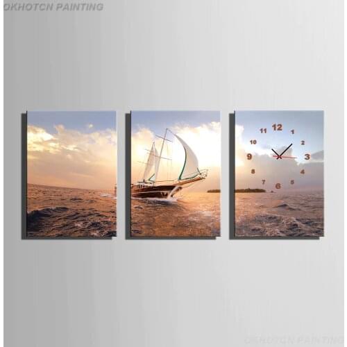 3 Piece Boat On The Sea With Clock Modern Wall Art Printed Canvas Painting For Living Room Home Decor Unframed