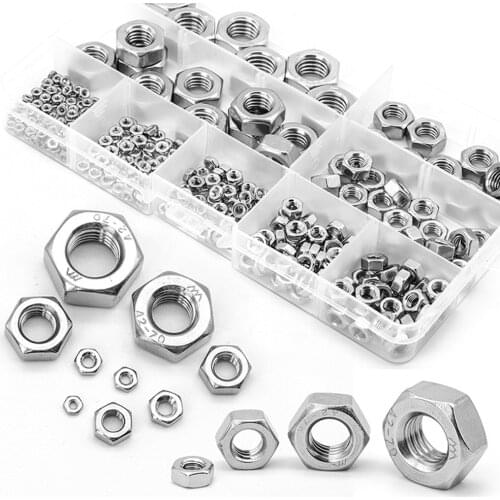 326Pcs/Box M2 M2.5 M3 M4 M5 M6 M8 M10 M12 304 Stainless Steel DIN934 Metric Hex Hexagon Nuts Assortment Kit Metalworking