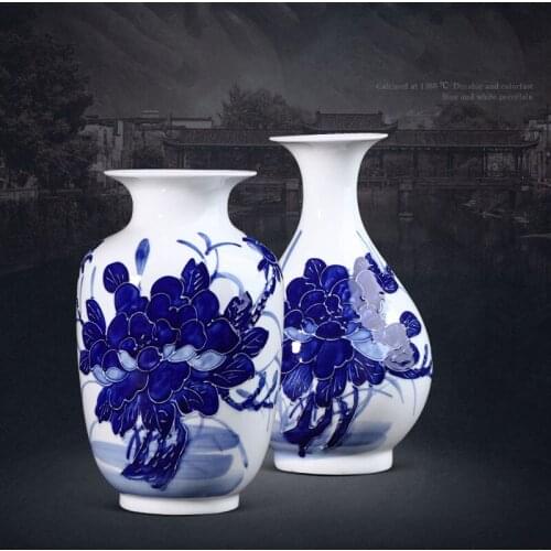 Jingdezheng Antique Peony Flower Relief Pattern Chinaware Tabletop Ceramic Vase blue and White Home Furnishing Articles