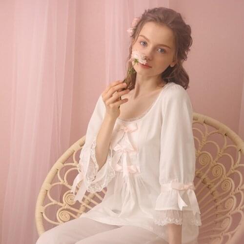 Free Shipping 2016 New Spring Princess Womens White Pajamas Pants Set Lace Decoration Sleepwear 100% Cotton Nightshirt