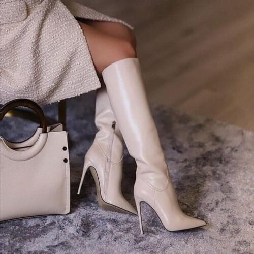Beige Knee High Boots Stiletto High Heel Sexy Pointed Toe Side Zipper Dress Women Shoes Thin High Heeled Leather Winter Boots
