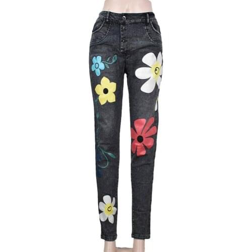 Pants women Fashion Flower Studs Middle Waist Stretchy Jeans Denim Casual Trousers streetwear pants Black S-4XL Women Clothing