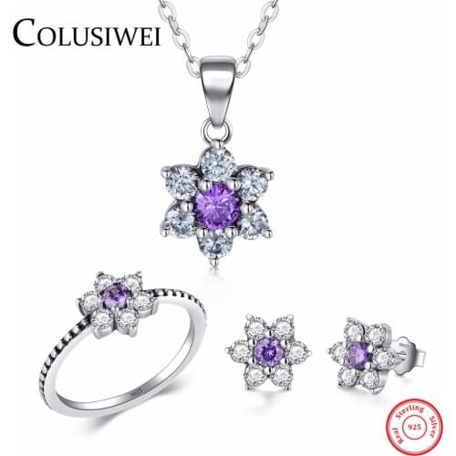 COLUSIWEI Real 100% 925 Sterling silver Ring & Earring Fashion Purple Crystal Stud Earrings For Women Anniversary Jewelry Sets