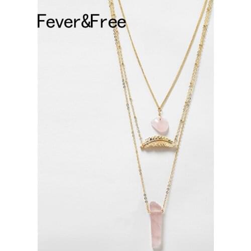Fever&Free New Fashion Multilayer Pink Natural Stone Pendant & Necklace Gold Leaf Sweater Chain Long Necklaces For Women Jewelry