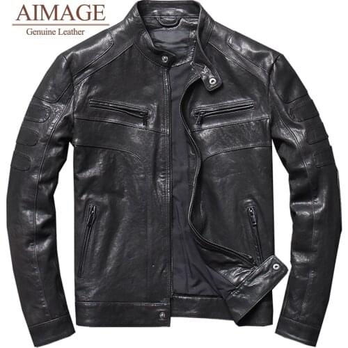 Haining vegetable tanned sheepskin leather jacket mens motorcycle slim jacket short leather coat stand collar S-4XL PY073